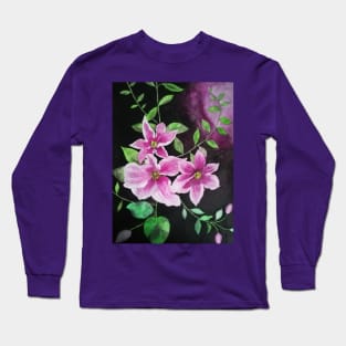 Purple pink clematis flowers watercolor painting against a dark background Long Sleeve T-Shirt